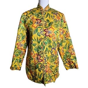 Begonia Yellow Floral Print 100% Silk Jacket Size Medium Mandarin Collar Coat